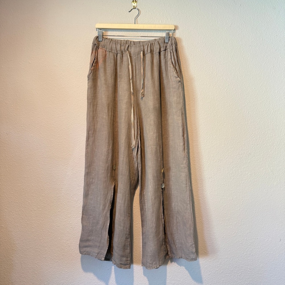 Meo Meli Italy Linen Wide Leg Pants Taupe Button Slit Drawstring Waist Womens